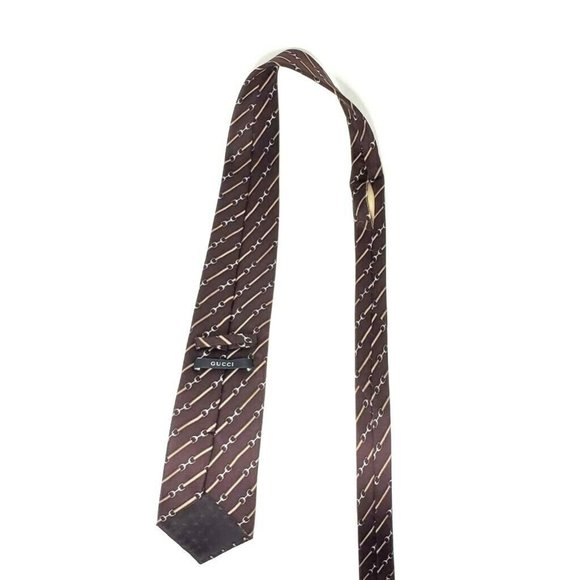 Gucci Mens Tied Necktie Brown Horsebit 100% Silk - Picture 4 of 5